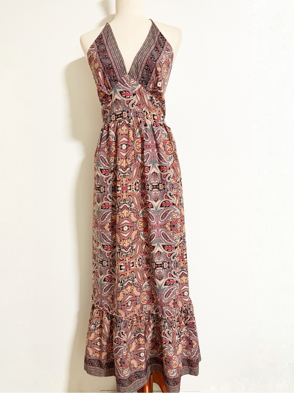 Luukse Paisley Floral Halter Tie Back Ruffle Maxi Dress